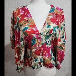 Olivaceous Blouse Cropped Floral Button Up Sz Small Kimono Sleeves Rayon Hi Low